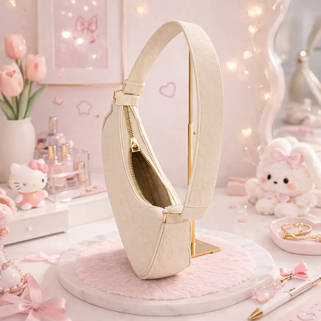 Sac baguette beige croco zip doré